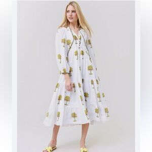 Charina Sarte Caftan Palma Midi Dress Sz Medium Long Sleeve Tropical Flowy